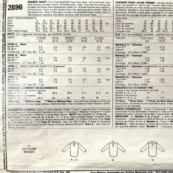 Vintage McCall's 2896 Misses' Shirt Pattern Size Large 22-24 EASY to SEW - Picture 3 of 3
